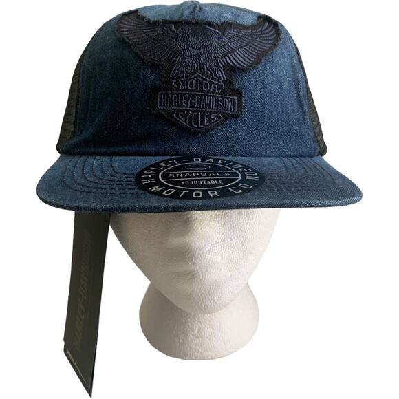 Harley Davidson Denim Trucker Snapback Adjustable Cap Hat Brand New - Picture 2 of 13